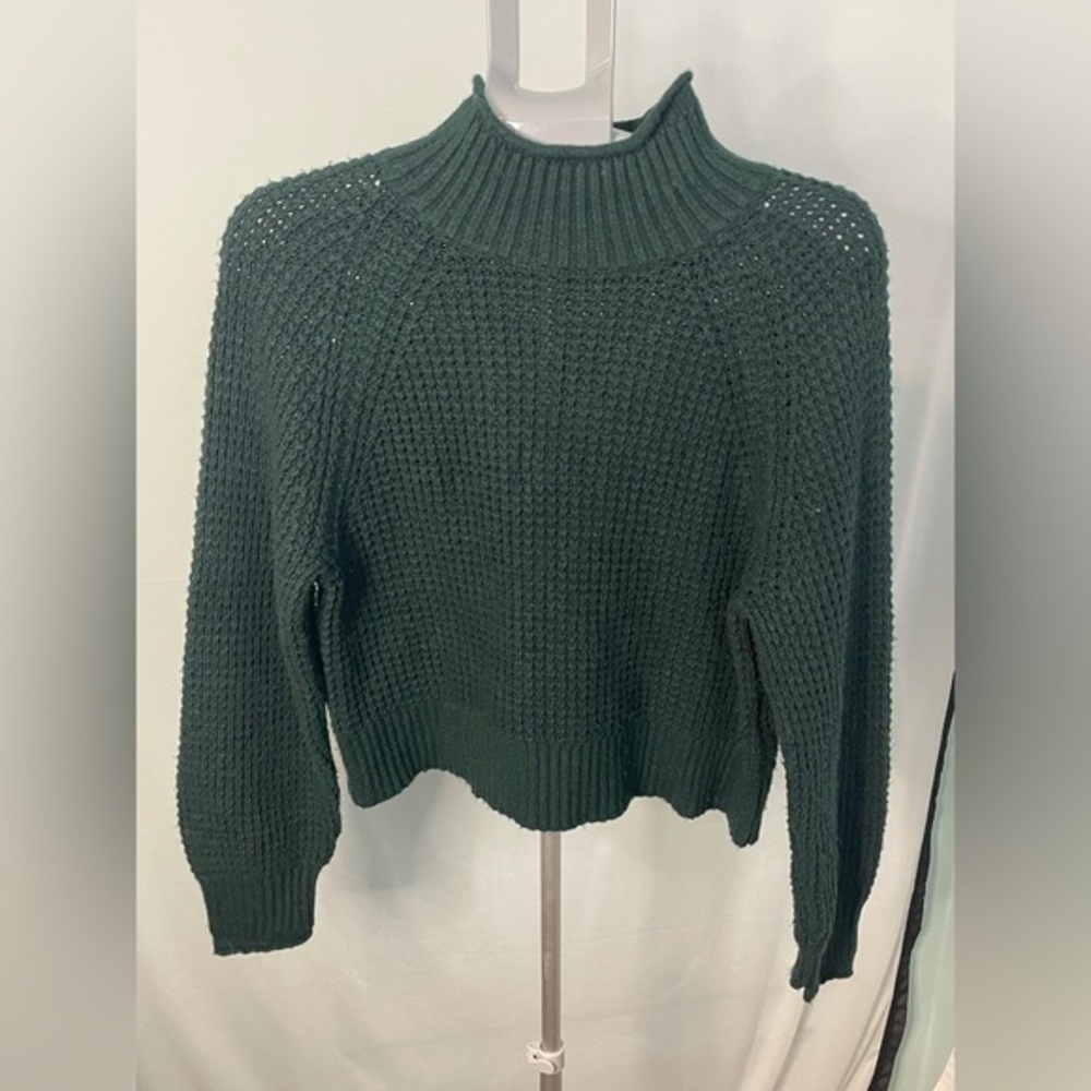 American Eagle Waffle Knit Sweater Womens Small Green Mock Neck Cropped Raglan